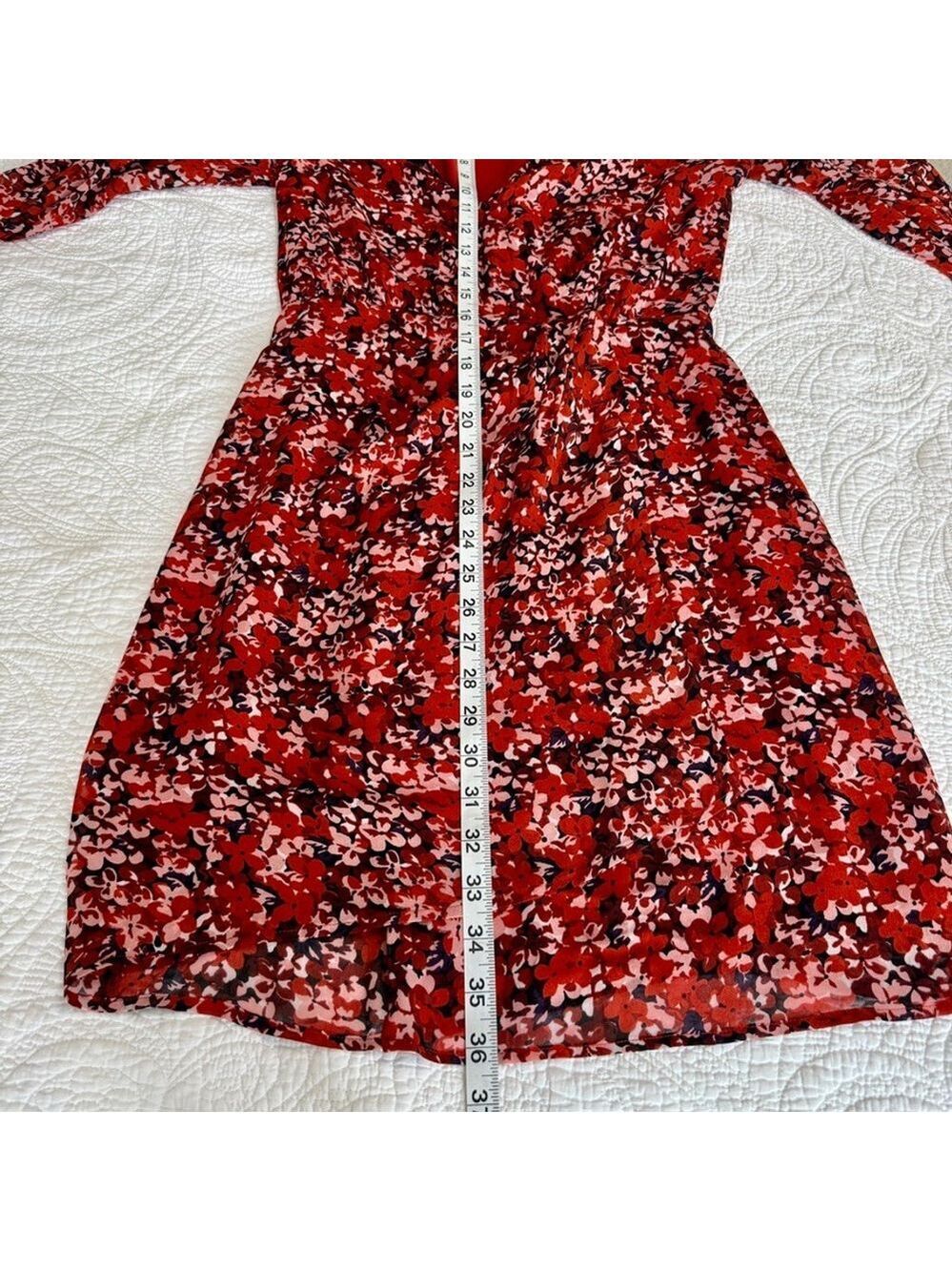The Kooples Red Floral Long Sheer Sleeve Mini Wrap Dress Womens Size 0 Paris - Picture 15 of 15